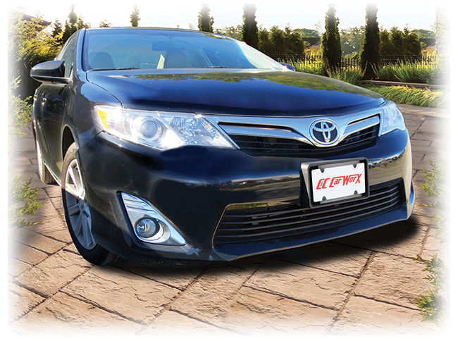 Enhancing your front end with a classy installation of powder-coated black stainless steel license plate frame within our sturdy front license bracket, these custom-manufactured, versatile aftermarket accessories by C&C CarWorx shown on a 2012 Toyota Camry are a great long-term investment in quailty.