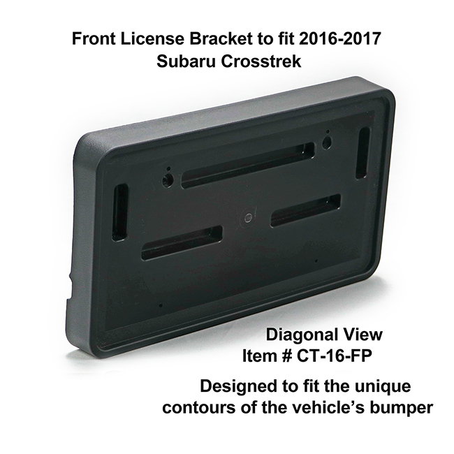 Diagonal View showing unique contours to fit snugly around your vehicle's bumper: Front License Bracket CT-16-FP to fit 2016-2017 Subaru Crosstrek custom designed and manufactured by C&C CarWorx