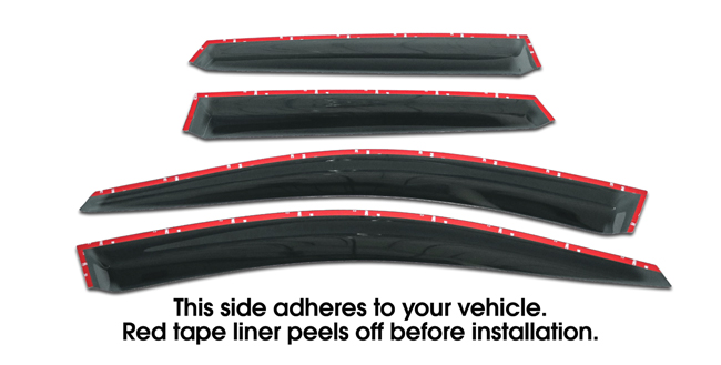 Shown with tape liner which peels off before installation: Set of four WV-08I-TF Tape-On Outside-Mount Window Visor Rain Guards to fit 2008-2011 Subaru Impreza Hatchback and Sedan