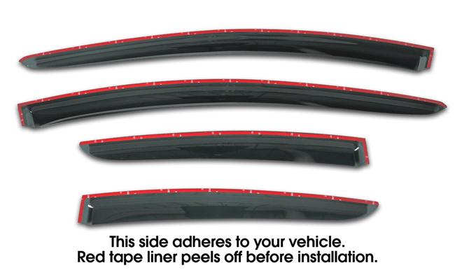Shown with tape liner which peels off before installation: Set of Four WV-12PC-TF Tape-On Outside-Mount Window Visor Rain Guards
to fit 2012-16 Toyota Prius C