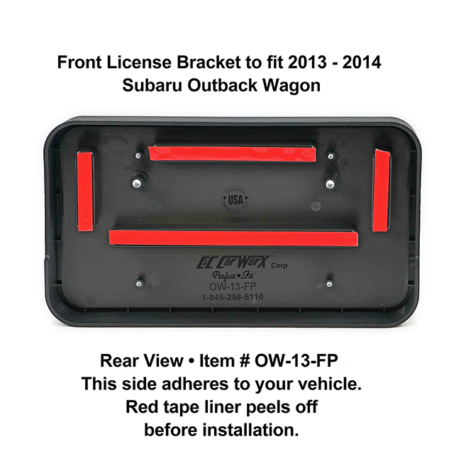 Rear View showing red tape liner which peels off before installation: Front License Bracket OW-13-FP to fit 2013-2014 Subaru Outback custom designed and manufactured by C&C CarWorx