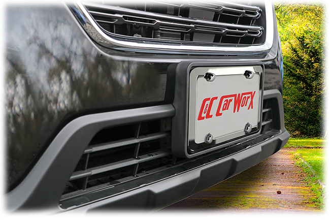 The C&C CarWorx Front License Bracket and Silver Stainless Steel License Plate Frame shown on a 2018 Subaru Outback gives a stylish flair to the vehicle's front end.