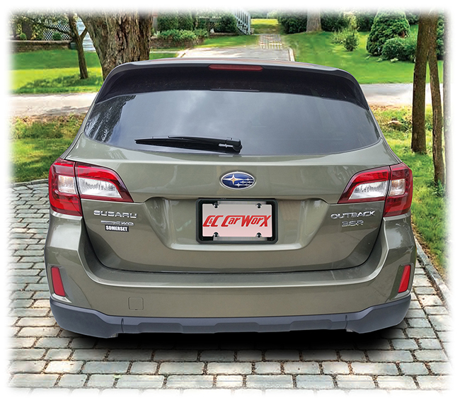 The C&C CarwWorx Black Stainless Steel License Plate Frame installed within our Universal Rear License Bracket shown on a 2015 Subaru Outback Wagon provides stylish flair to your vehicle's rear end.
