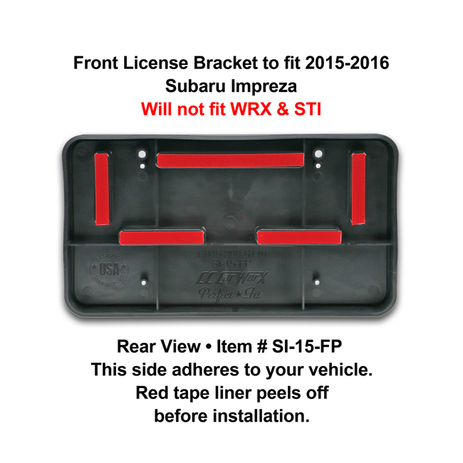 Rear View showing red tape liner which peels off before installation: Front License Bracket SI-15-FP to fit 2015-16 Subaru Impreza (excluding WRX and STI models)