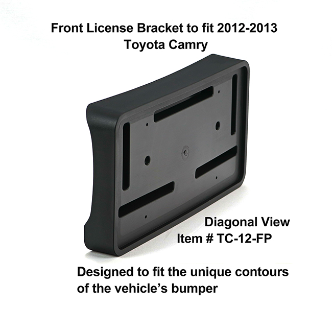 Diagonal View showing unique contours to fit snugly around your vehicle's bumper: Front License Bracket TC-12-FP to fit 2012-2013 Toyota Camry