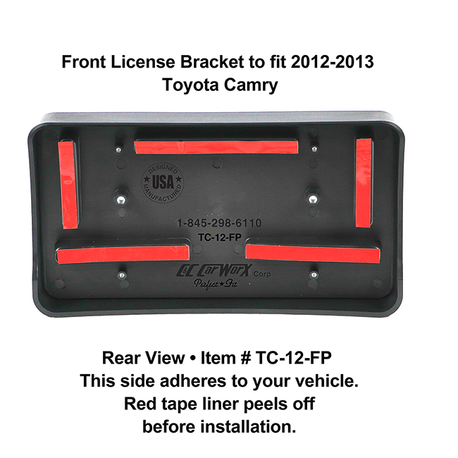 Rear View showing red tape liner which peels off before installation: Front License Bracket TC-12-FP to fit 2012-2013 Toyota Camry