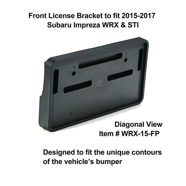 Diagonal View showing unique contours to fit snugly around your vehicle's bumper: Front License Bracket WRX-15-FP to fit 2015-2017 Subaru Impreza WRX and STI