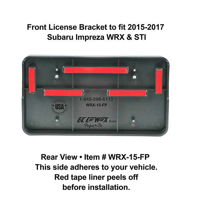 Rear View showing red tape liner which peels off before installation: Front License Bracket WRX-15-FP to fit 2015-2017 Subaru Impreza WRX and STI
