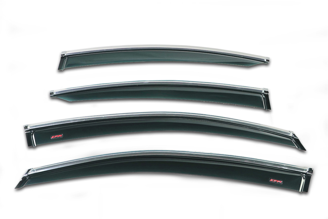 Shown: Set of four WV-LS15-TF Tape-On Outside-Mount Window Visor Rain Guards With Chrome-Style Accent Trim to complement your model's OEM design and fit 2015-2019 Subaru Legacy Sedan