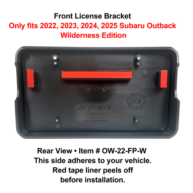 Rear View showing red tape liner which peels off before installation: Front License Bracket OW-20-FP to fit 2022, 2023, 2024, 2025  Subaru Outback Wagon WILDERNESS EDITION) custom designed and manufactured by C&C CarWorx