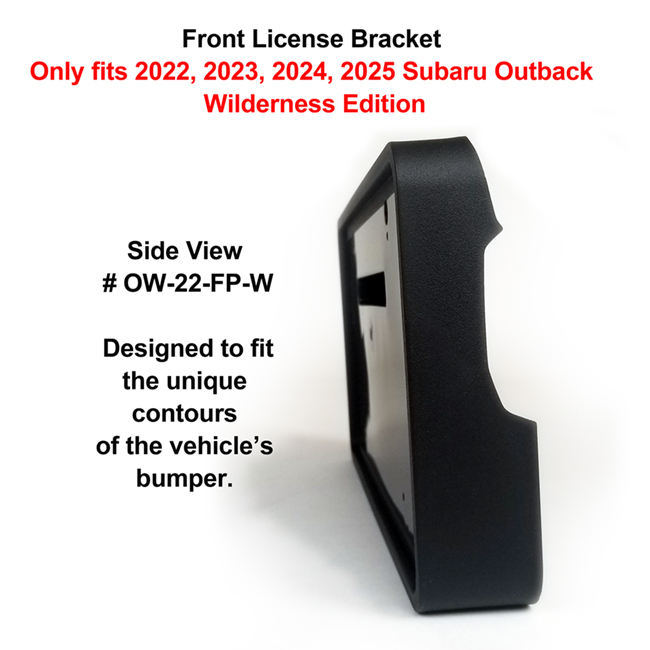 Diagonal View showing unique contours to fit snugly around your vehicle's bumper: Front License Bracket OW-20-FP to fit 2022, 2023, 2024, 2025  Subaru Outback Wagon WILDERNESS EDITION) custom designed and manufactured by C&C CarWorx