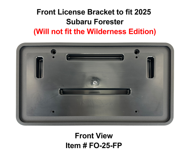 Front View showing unique contours to fit snugly around your vehicle's bumper: Front License Bracket FO-22-FP to fit 2025 Subaru Forester custom designed and manufactured by C&C CarWorx