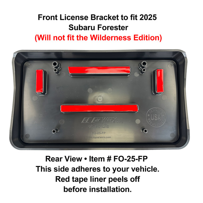 Rear View showing red tape liner which peels off before installation: Front License Bracket FO-22-FP to fit 2025 Subaru Forester custom designed and manufactured by C&C CarWorx