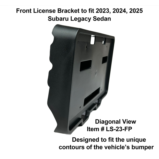 Diagonal View showing unique contours to fit snugly around your vehicle's bumper: Front License Bracket LS-23-FP to fit 2023, 2024, 2025 Subaru Legacy Sedan custom designed and manufactured by C&C CarWorx