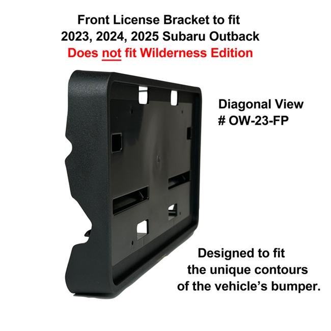 Diagonal View showing unique contours to fit snugly around your vehicle's bumper: Front License Bracket OW-23-FP to fit 2023, 2024, 2025   Subaru Outback (WILL NOT FIT WILDERNESS EDITION) custom designed and manufactured by C&C CarWorx